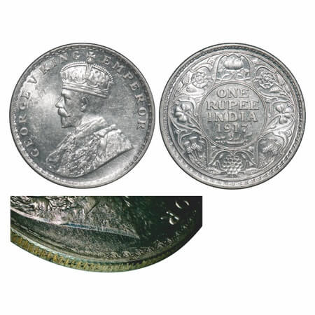 George V, Silver, Rupee, 1917, Bombay Mint, Dot, Raised initials 'B.M.' of Bertram MacKenn