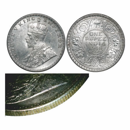 George V, Silver, Rupee, 1918, Calcutta Mint, No dot, Raised initials 'B.M.' of Bertram Ma