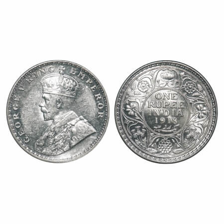 George V, Silver, Rupee, 1918, Calcutta Mint, No dot, Elephant. F. Prid 214. GK 1037. Mint