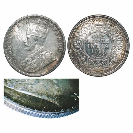 George V, Silver, Rupee, 1918, Bombay Mint, Dot, Raised initials 'B.M.' of Bertram MacKenn