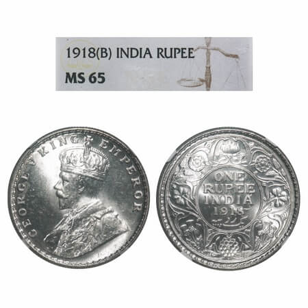 George V, Silver, Rupee, 1918, Bombay Mint, Dot. F. Prid 224. GK 1038. NGC Slabbed MS 65. 