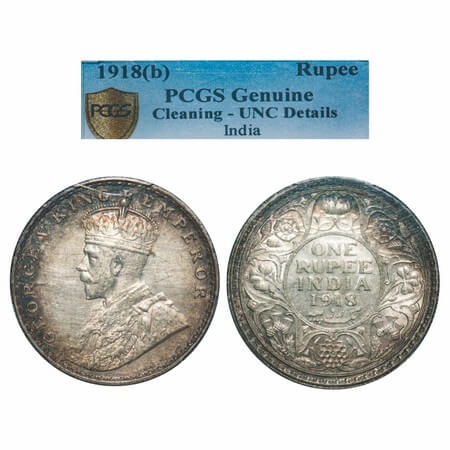 George V, Silver, Rupee, 1918, Bombay Mint, Dot. F. Prid 224. GK 1038. PCGS Slabbed UNC De