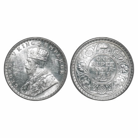 George V, Silver, Rupee, 1919, Calcutta Mint, No dot, Raised initials 'BM' (Bertram MacKen