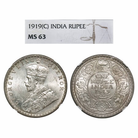 George V, Silver, Rupee, 1919, Calcutta Mint, No dot. F. Prid 215. GK 1039. NGC Slabbed MS
