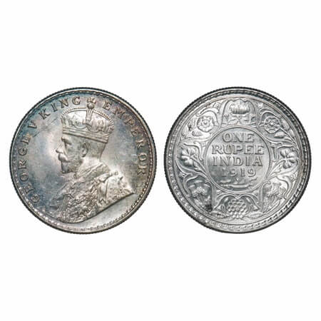 George V, Silver, Rupee, 1919, Bombay Mint, Dot. F. Prid 225. GK 1040. Brilliant Uncircula