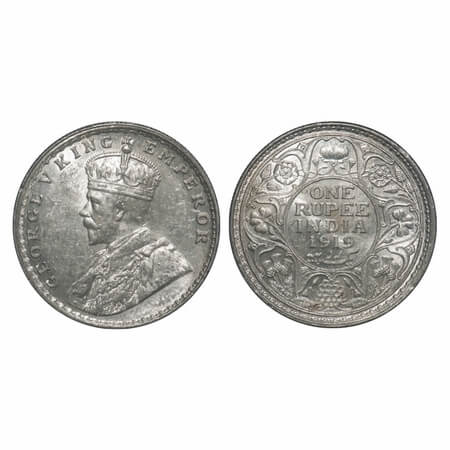 George V, Silver, Rupee, 1919, Bombay Mint, Dot, Ghost on Rev. F. Prid 225. GK 1040. Brill