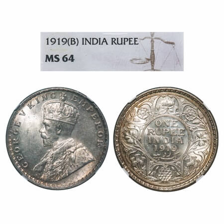George V, Silver, Rupee, 1919, Bombay Mint, Dot. F. Prid 225. GK 1040. NGC Slabbed MS 64. 