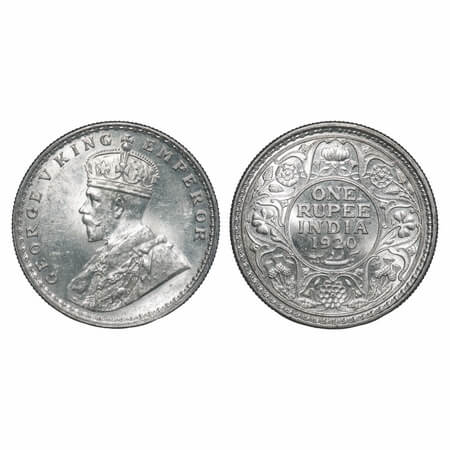 George V, Silver, Rupee, 1920, Calcutta Mint, No dot. F. Prid 216. GK 1041. Uncirculated. 