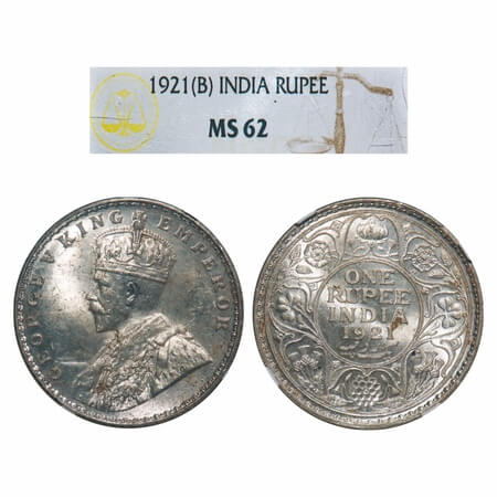 George V, Silver, Rupee, 1921, Bombay Mint, Dot. F. Prid 227. GK 1043. NGC Slabbed MS 62. 