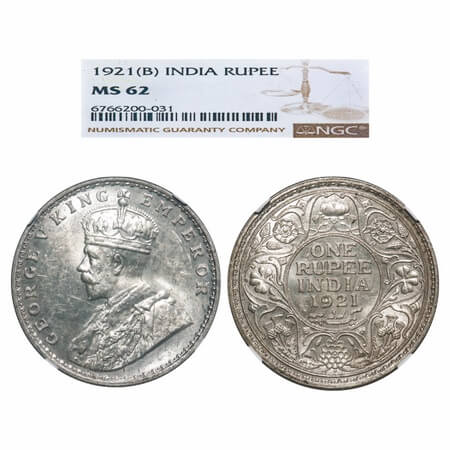 George V, Silver, Rupee, 1921, Bombay Mint, Dot. F. Prid 227. GK 1043. NGC Slabbed MS 62. 