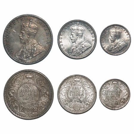 George V, Silver, (3 coins), 1) Rupee, 1921, Bombay Mint, Dot, 2) Half Rupee, 1923, Bombay