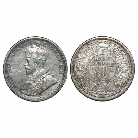 George V, Silver, Half Rupee, 1912, Calcutta Mint, No dot, Re-Drawn Elephant. F. Prid 319.