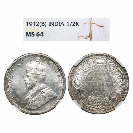 George V, Silver, Half Rupee, 1912, Bombay Mint, Dot. F. Prid 336. GK 1047. NGC Slabbed MS