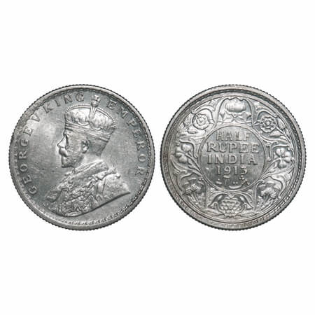 George V, Silver, Half Rupee, 1913, Calcutta Mint, No dot, Elephant. F. Prid 320. GK 1048.