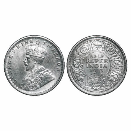George V, Silver, Half Rupee, 1913, Calcutta Mint, No dot. Elephant. F. Prid 320. GK 1048.