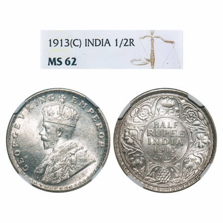 George V, Silver, Half Rupee, 1913, Calcutta Mint, No dot. F. Prid 320. GK 1048. NGC Slabb