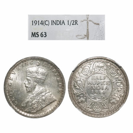 George V, Silver, Half Rupee, 1914, Calcutta Mint, No dot. F. Prid. 321 GK 1050. NGC Slabb