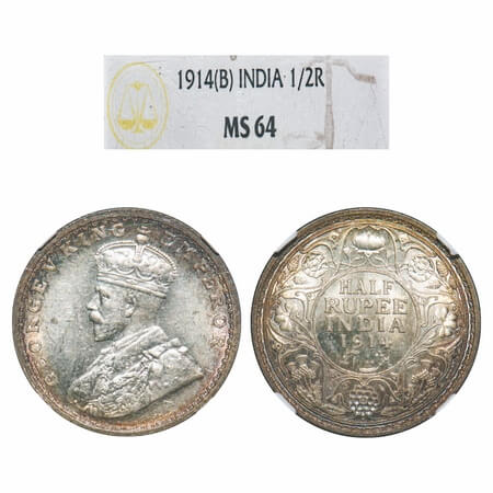 George V, Silver, Half Rupee, 1914, Bombay Mint, Dot. F. Prid 338. GK 1051. NGC Slabbed MS