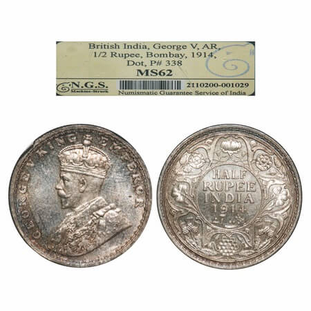 George V, Silver, Half Rupee, 1914, Bombay Mint, Dot. F. Prid 338. GK 1051. NGS Slabbed MS