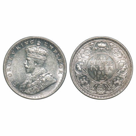 George V, Silver, Half Rupee, 1914, Bombay Mint, Dot. F. Prid 338. GK 1051. Mint State. Ra