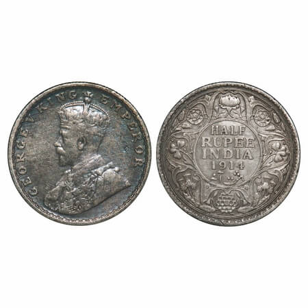 George V, Silver, Half Rupee, 1914, Bombay Mint, Dot. F. Prid 338. GK 1051. Very Fine+. Sc