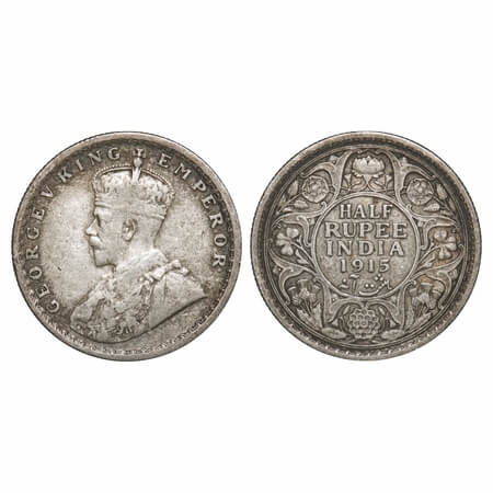 George V, Silver, Half Rupee, 1915, Calcutta Mint, No dot. F. Prid 322. GK 1052. Very Fine