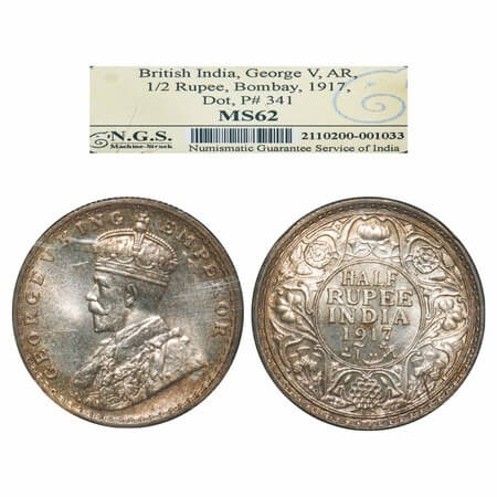 George V, Silver, Half Rupee, 1917, Bombay Mint, Dot. F. Prid 341. GK 1055. NGS Slabbed MS