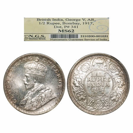 George V, Silver, Half Rupee, 1917, Bombay Mint, Dot. F. Prid 341. GK 1055. NGS Slabbed MS