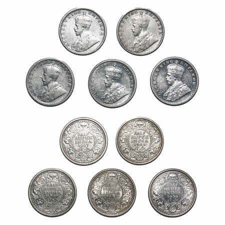 George V, Silver, Half Rupee, (lot of 5 coins), 1 & 2) 1917, 1924, Bombay Mint, 3 to 5) 19
