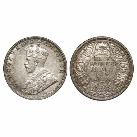 George V, Silver, Half Rupee, 1918, Bombay Mint, Dot. F. Prid 342. GK 1056. About Uncircul