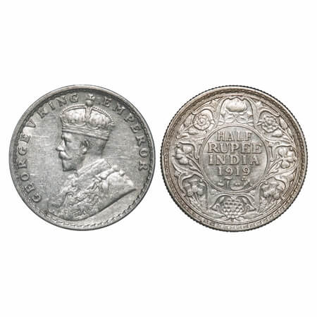 George V, Silver, Half Rupee, 1919, Bombay Mint, Dot. F. Prid 343. GK 1057. About Uncircul