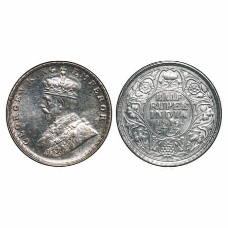 George V, Silver, Half Rupee, 1919, Bombay Mint, Dot, Ghost on Rev. F. Prid 343. GK 1057. 