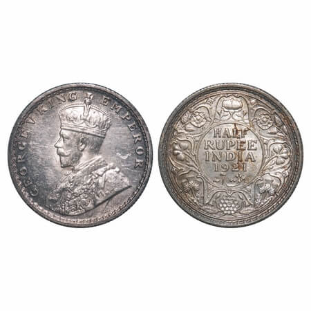 George V, Silver, Half Rupee, 1921, Calcutta Mint, No dot. F. Prid 324. GK 1058. About Unc