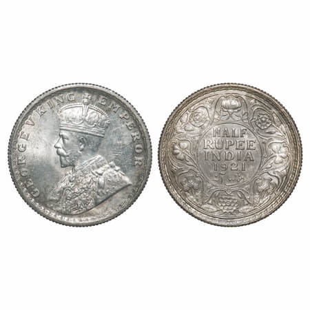 George V, Silver, Half Rupee, 1921, Calcutta Mint, No dot. F. Prid 324. GK 1058. Uncircula