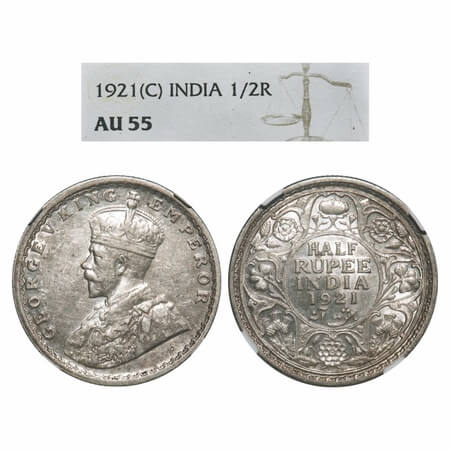 George V, Silver, Half Rupee, 1921, Calcutta Mint, No dot. F. Prid 324. GK 1058. NGC Slabb