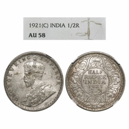 George V, Silver, Half Rupee, 1921, Calcutta Mint, No dot. F. Prid 324. GK 1058. NGC Slabb