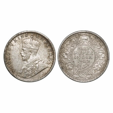 George V, Silver, Half Rupee, 1922, Calcutta Mint, No dot. F. Prid 325. GK 1059. Extremely