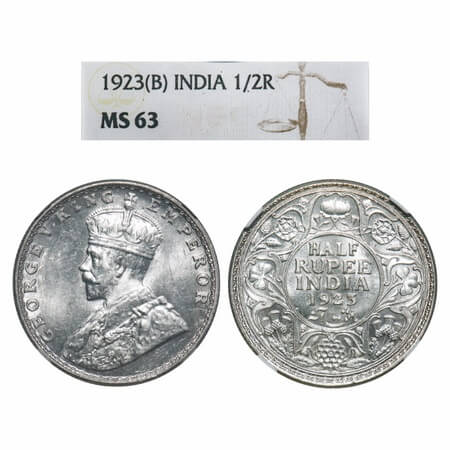 George V, Silver, Half Rupee, 1923, Bombay Mint, Dot. F. Prid 345. GK 1062. NGC Slabbed MS