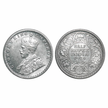 George V, Silver, Half Rupee, 1924, Calcutta Mint, No dot. F. Prid 327. GK 1063. About Unc