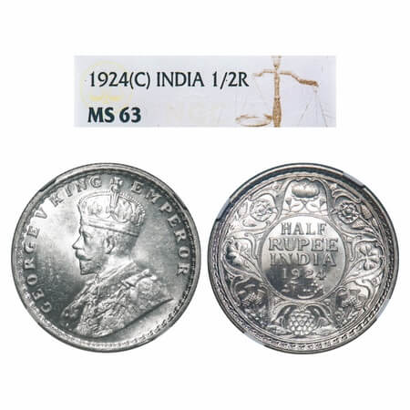 George V, Silver, Half Rupee, 1924, Calcutta Mint, No dot. F. Prid 327. GK 1063. NGC Slabb