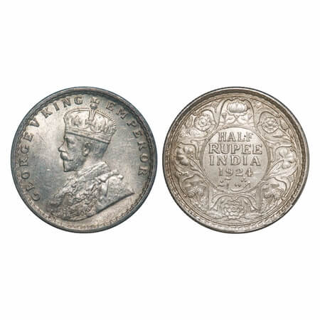 George V, Silver, Half Rupee, 1924, Calcutta Mint, No dot. F. Prid 327. GK 1063. Almost Un