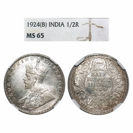 George V, Silver, Half Rupee, 1924, Bombay Mint, Dot. F. Prid 346. GK 1064. NGC Slabbed MS