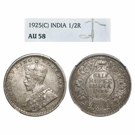 George V, Silver, Half Rupee, 1925, Calcutta Mint, No dot. F. Prid 328. GK 1065. NGC Slabb