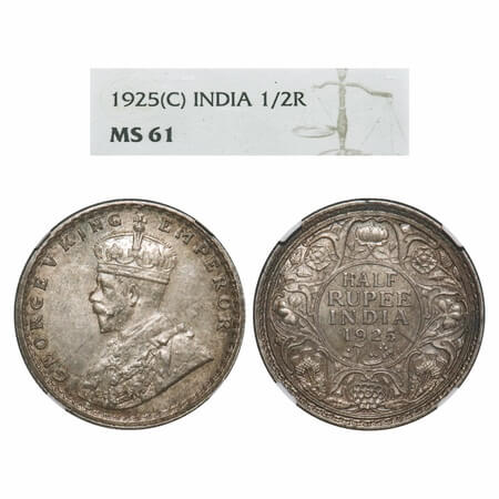 George V, Silver, Half Rupee, 1925, Calcutta Mint, No dot. F. Prid 328. GK 1065. NGC Slabb