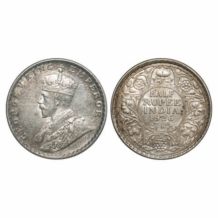 George V, Silver, Half Rupee, 1926, Bombay Mint, Dot. F. Prid 348. GK 1068. About Uncircul
