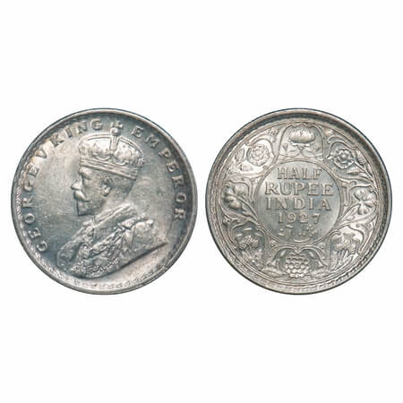 George V, Silver, Half Rupee, 1927, Calcutta Mint, No dot. F. Prid 330. GK 1069. Brilliant