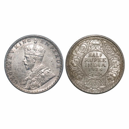 George V, Silver, Half Rupee, 1928, Bombay Mint, Dot. F. Prid 349. GK 1070. About Uncircul