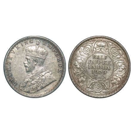 George V, Silver, Half Rupee, 1929, Calcutta Mint, No dot. F. Prid 331. GK 1071. Extremely