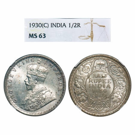 George V, Silver, Half Rupee, 1930, Calcutta Mint, No dot. F. Prid 332. GK 1072. NGC Slabb
