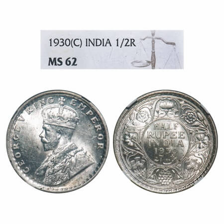 George V, Silver, Half Rupee, 1930, Calcutta Mint, No dot. F. Prid 332. GK 1072. NGC Slabb